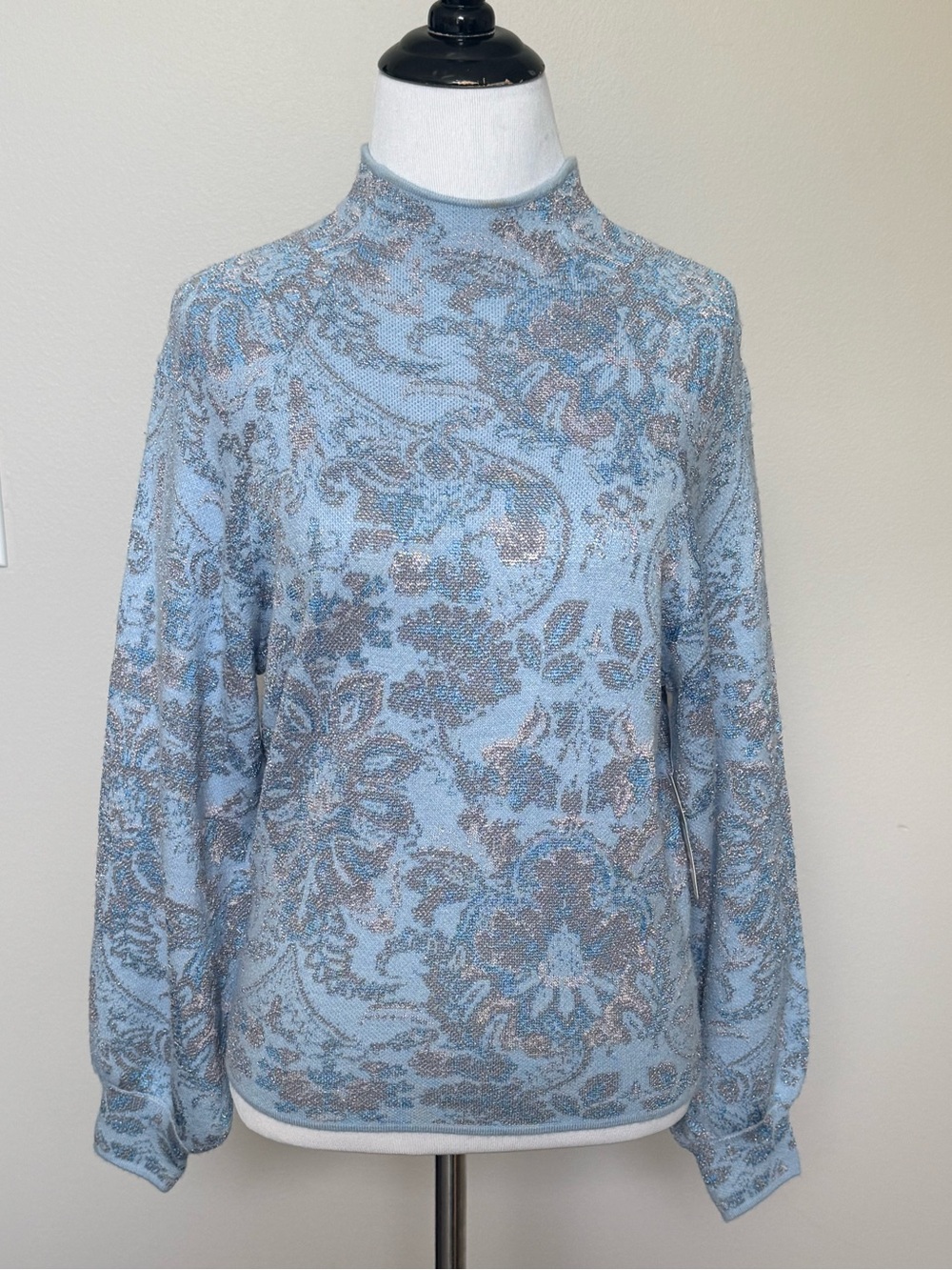 Light Blue/ Gold Paisley Mock-Neck Sweater
